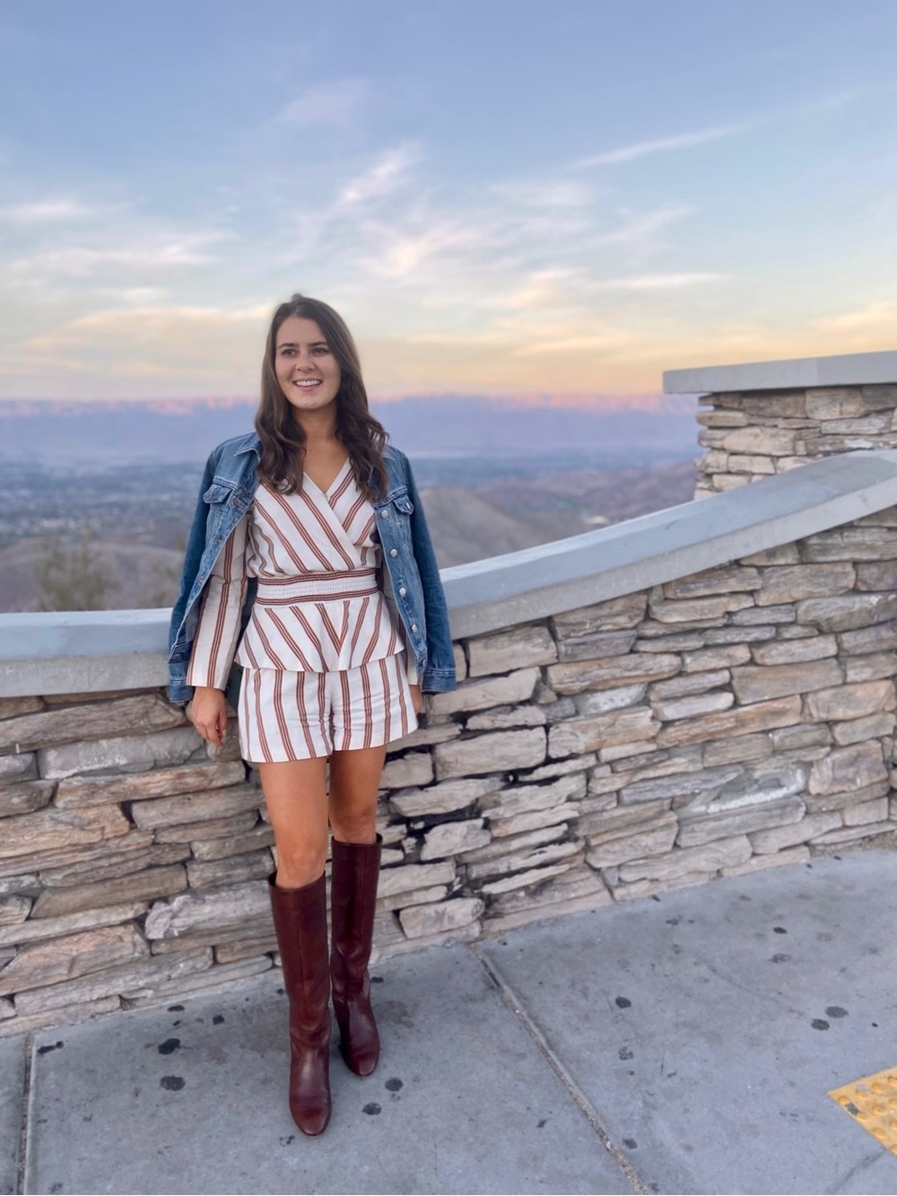 Maje Striped V-Neck Long Sleeve Romper in Cream and Brown